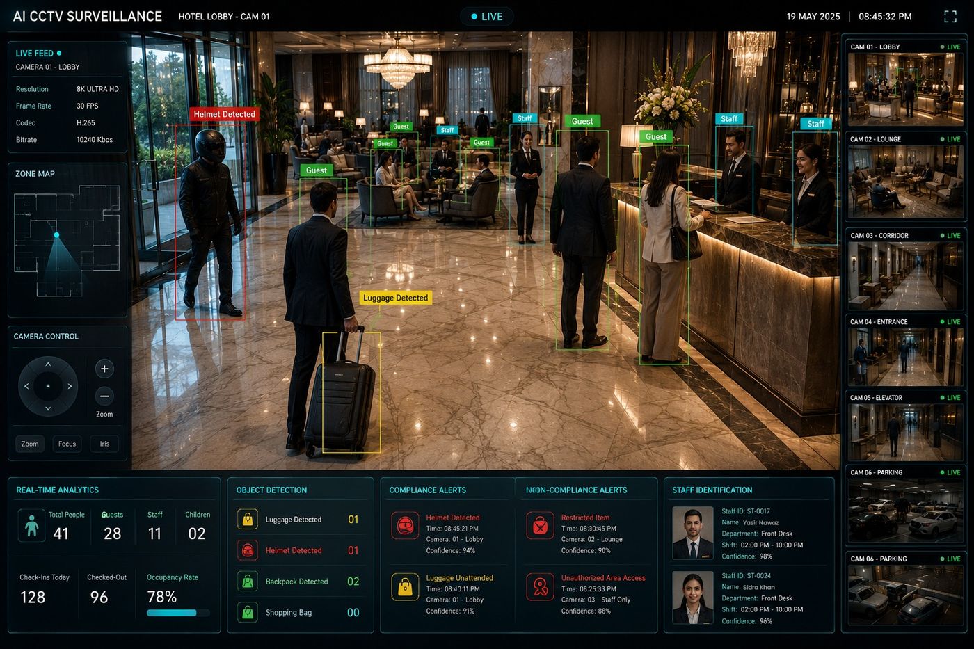 Argus AI detecting guests, staff and unattended luggage in a hotel lobby