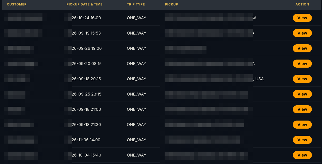 Booking CRM with customer details redacted