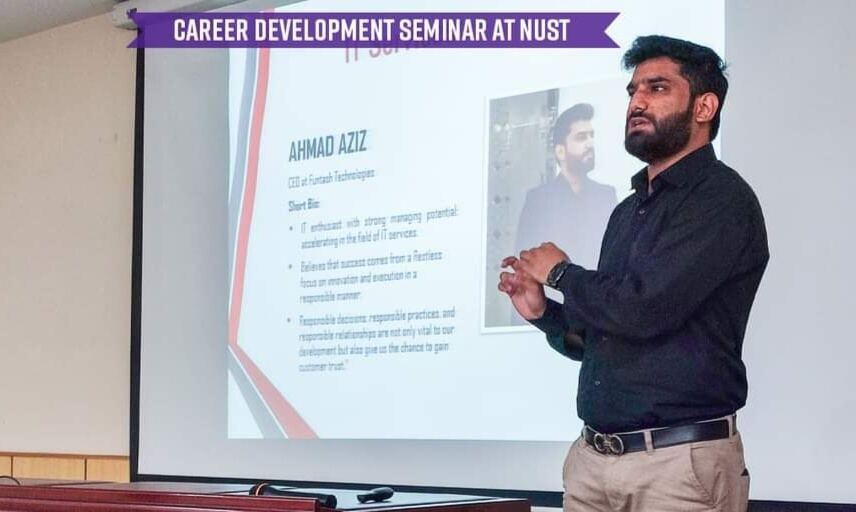 Ahmad Aziz speaking at a NUST career development seminar